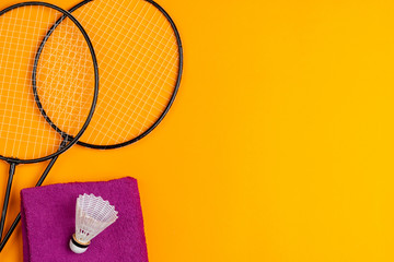 Badminton equipment. Rackets and shuttlecock, top view