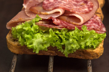 Grilled sandwich with  salami, cheese and salad on metal grill. Outdoor food concept. .