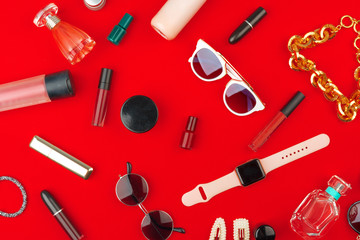 Stylish woman accessories on bright background close up