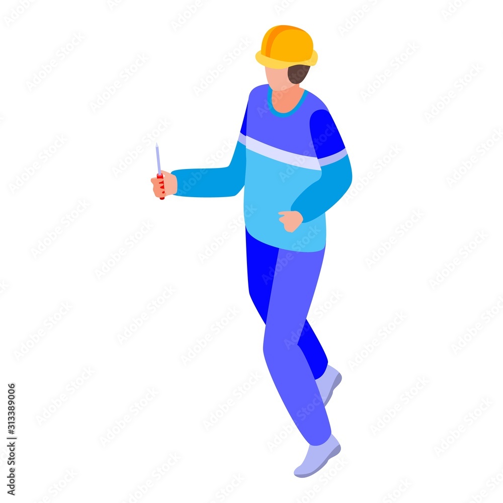 Poster Electrician with helmet and screwdriver icon. Isometric of electrician with helmet and screwdriver vector icon for web design isolated on white background
