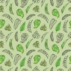 Digital illustration pattern creative cute green-pink tropical textural leaves. A print in a pencil style for children for fabrics, paper, invitations, cards, scrapbooking.