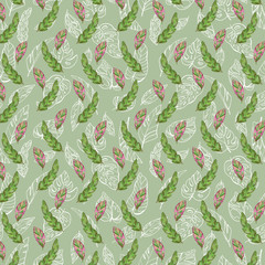 Digital illustration pattern creative cute green-pink tropical textural leaves. A print in a pencil style for children for fabrics, paper, invitations, cards, scrapbooking.