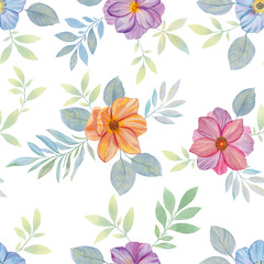 Seamless watercolor flowers pattern. Hand painted flowers of different colors. Flowers for design. Ornament flowers. Watercolor botanical pattern on a white background.