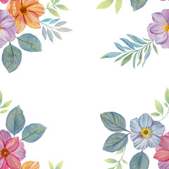 Obraz premium Watercolor hand painted flowers. Blank for greeting card. Watercolor flowers and leaves.
