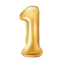 Golden number 1 balloon isolated on white background. Metallic balloon design. 3D illustration, 3D render