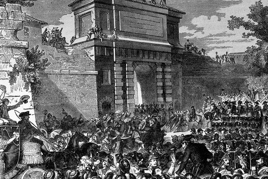 Napoleon's army conquered Milan. 15th May 1796. Antique illustration. 1890.