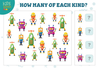 How many of each kind cartoon robot counting game for kids vector illustration