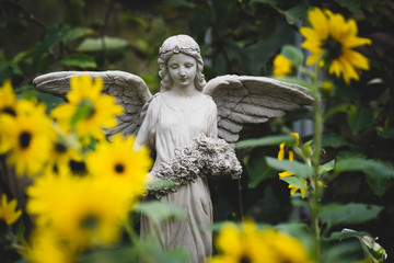 Grey plaster angel statue at garden.