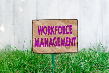 Handwriting text writing Workforce Management. Conceptual photo use to optimize the productivity of its employees Crumpled paper attached to a stick and placed in the green grassy land