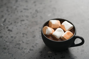 cup of hot cocoa with marshmallow on terrazzo background