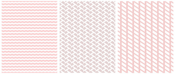 Seamless Geometric Vector Patterns. Regular White Chevron and Lines Isolated on a Pink Background. White Geometric Ornament on a Pink Layout. Simple Abstract Design Vector Print for Fabric, Textile.