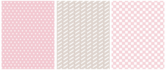 Pastel Color Seamless Geometric Vector Patterns. Regular White Stars and Grid on a Pink Background. White Stripes Isolated on a Gray Layout. Simple Abstract Vector Print for Fabric, Textile.