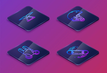 Set Isometric line Hang glider, Parachute, Helmet and Skateboard trick. Blue square button. Vector