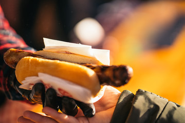 Traditional Delicious German grilled sausages at Christmas market, Germany, December