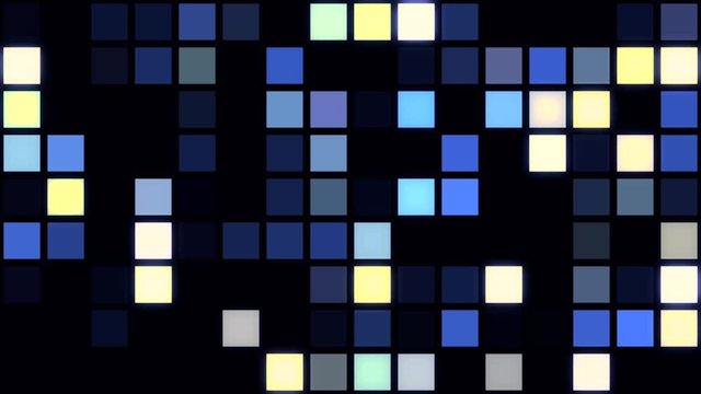 Twinkling horizontal small squared background, seamless loop. Animation. Many parallel rows of blinking flat shining squares.