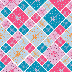 Celebratory seamless pattern with cute hand drawn gift boxes and bows. Print for fabric or wrapping paper isolated on white background. Flat. Vector hand drawn illustration.