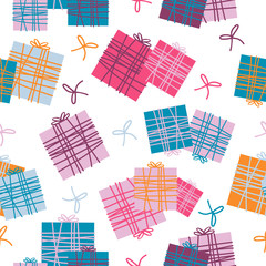 Fototapeta na wymiar Celebratory seamless pattern with cute hand drawn gift boxes and bows. Print for fabric or wrapping paper isolated on white background. Flat. Vector hand drawn illustration.