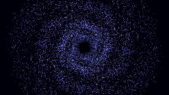 Abstract space landscape with black hole of small bright particles on black background. Animation. Amazing space vortex of small dots.