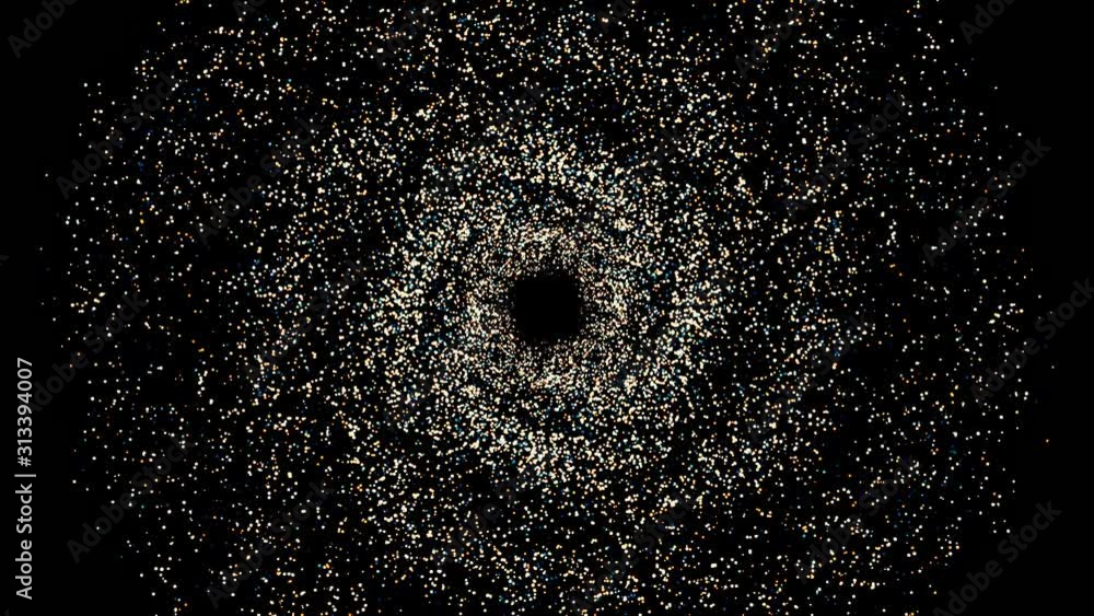 Poster flowing spiral particle field, swirling dots on black background. animation. space and time concept,