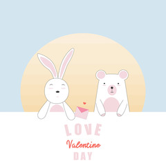 Valentine's Day card with bunny and bear in love. vector card