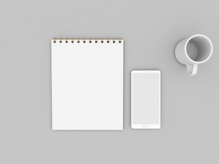 White blank notebook mobile and empty mug on a gray background. 3d render illustration.