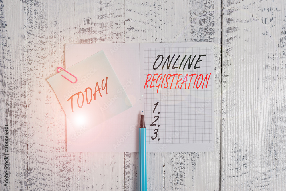 Poster writing note showing online registration. business concept for registering via the internet as a use