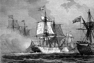 Capture of the Danish frigate Freya by six English ships. 1800. Antique illustration. 1890. - obrazy, fototapety, plakaty