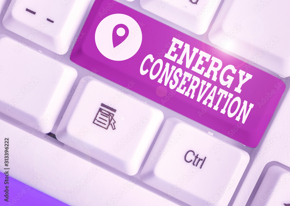 Aufkleber writing note showing energy conservation. business concept for reduction in the amount of energy con