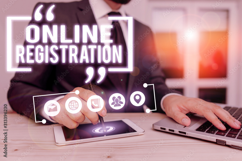 Aufkleber text sign showing online registration. business photo showcasing registering via the internet as a u