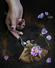 female hand breaking a piece of chocolate cake with rosehip flower with a teaspoon top view on old metal background