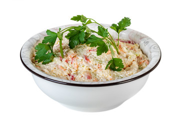 salad of rice, vegetables with mayonnaise in a bowl on a white background