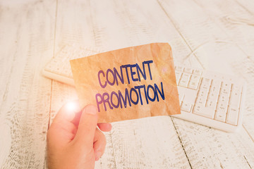 Writing note showing Content Promotion. Business concept for about getting content in front of the...