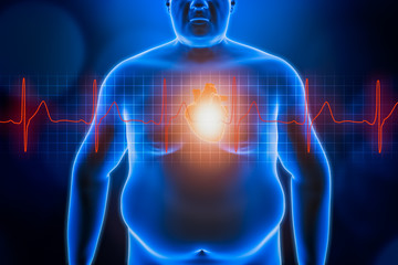 Fat or obese man chest body with heart and red ekg heartbeat curve. Blue futuristic hologram 3d rendering illustration. Obesity, healthcare, medical, wellness, heart disease concepts. - obrazy, fototapety, plakaty
