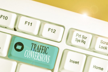 Conceptual hand writing showing Traffic Conversions. Concept meaning visitor who has been converted...