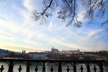 Prague and vltava river. Cathedral and palace view