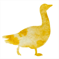 vector, isolated, yellow watercolor silhouette of goose on a white background