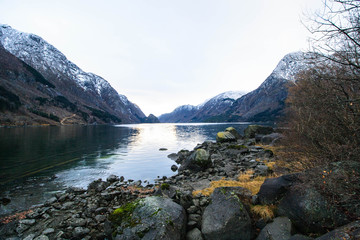 quiet lake in the norwegian fjords