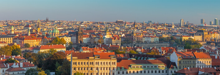 Naklejka premium Prague - The panorama of the city with the Charles bridge and the Old Town in evening light.