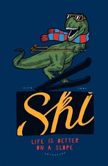T-rex in scarf skiing and smiling. Dinosaur winter sports funny character t-shirt print.