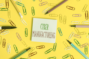 Handwriting text writing Cyber Manufacturing. Conceptual photo transformative concept that aims the translation of data Flat lay above empty paper with copy space pencils and colored paper clips