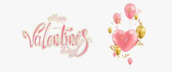Happy Valentines Day banner template, flyer, invitation card. Balloons and sparkling gold confetti on a light background. 3D illustration, 3D render.