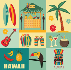 Hawaii Symbols and Icons in bright colors. Vector illustration