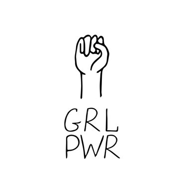 fist raised up and lettering girl power - symbol and slogan of feminism in hand drawn doodle style