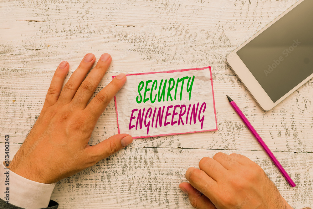 Poster conceptual hand writing showing security engineering. concept meaning focus on the security aspects 