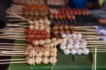 Grill beef ball at market in Thailand.