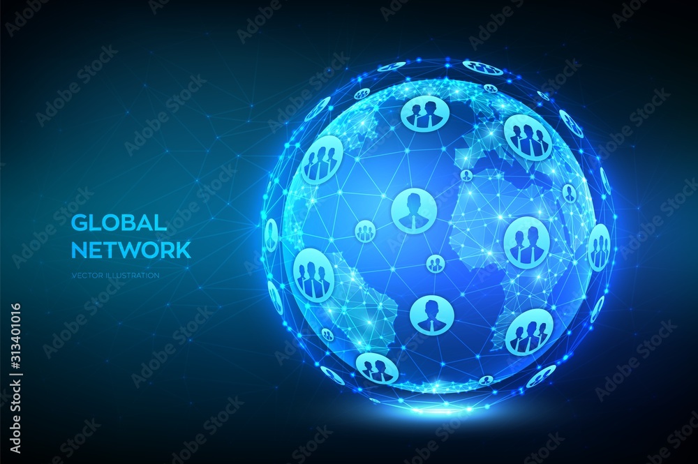 Poster global network connection. earth globe illustration. abstract polygonal planet. low poly design. con