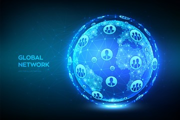 Global network connection. Earth globe illustration. Abstract polygonal planet. Low poly design. Concept of global business. Blue futuristic internet connection background. Vector Illustration.