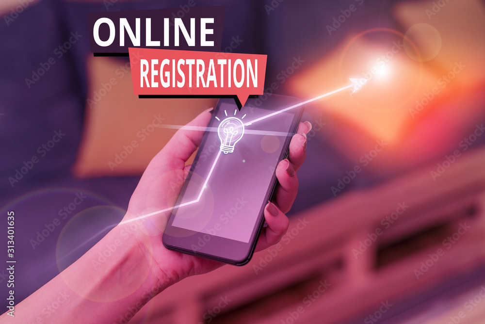 Poster handwriting text online registration. conceptual photo registering via the internet as a user of a p