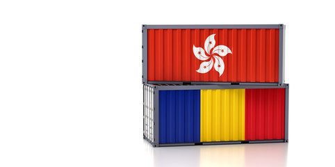 Freight container with Hong Kong and Romania flag. 3D Rendering