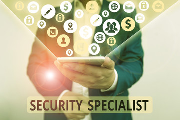 Word writing text Security Specialist. Business photo showcasing specializes in the security of...